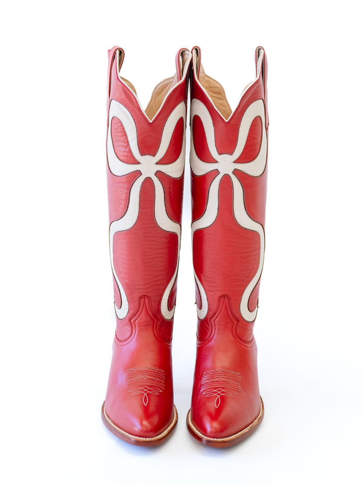 Red Almond-Toe Wide Calf Western Boots Knee High Tall Boots With Ivory Bowknot Inlay