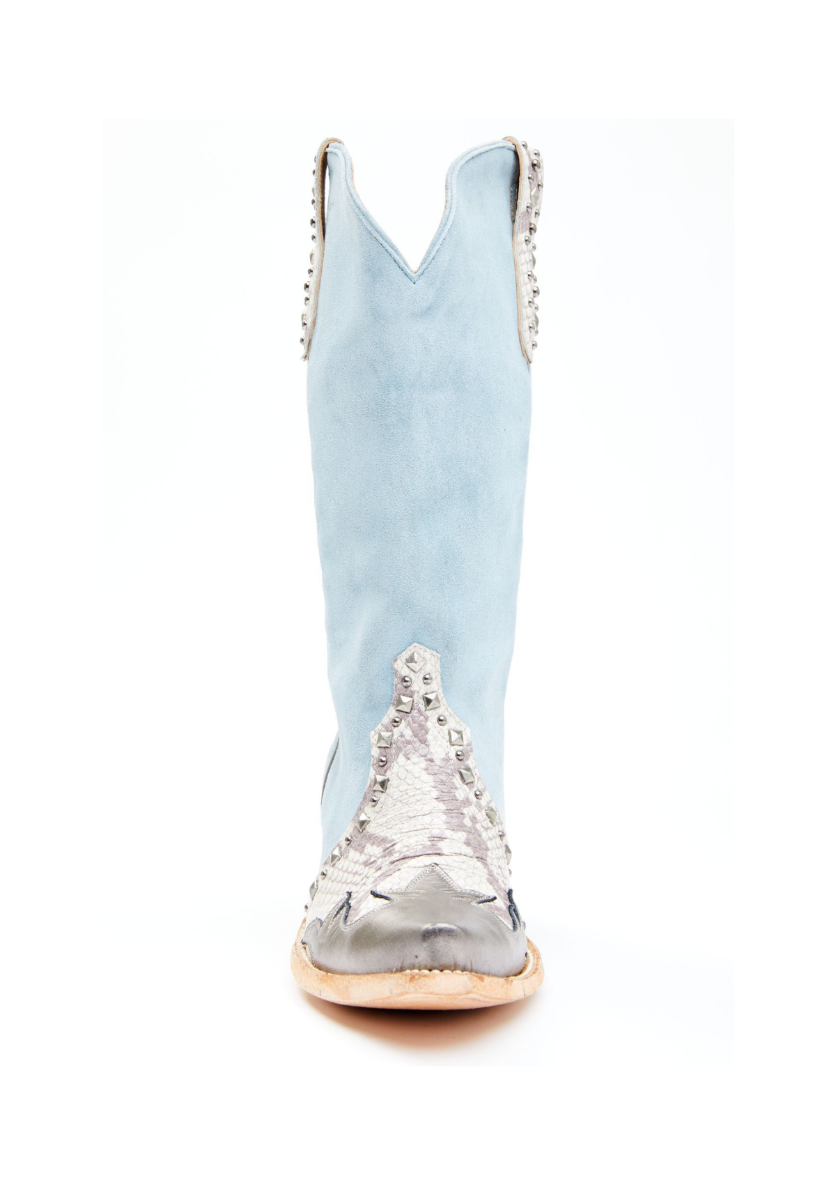 Contrast Snakeskin And Blue Faux Suede Studded Applique Snip-Toe Wide Mid Calf Cowgirl Boots