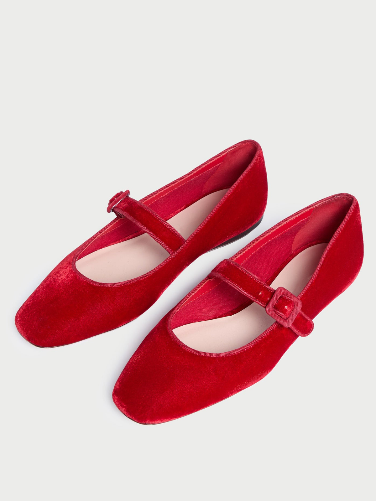 Red Velvet Square-Toe Adjustable Bridge Strap Mary Janes Ballet Flats