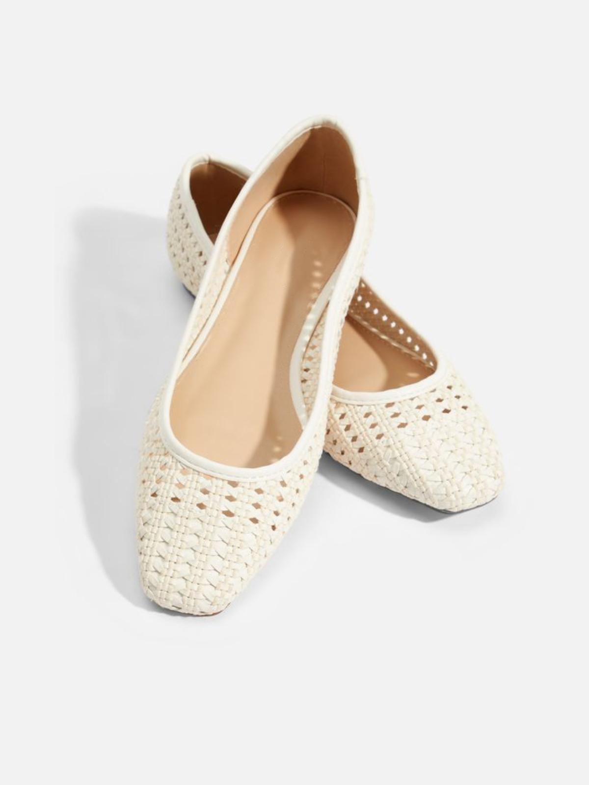 White Boho Woven Hollow-Out Flats Slip-On Ballerinas With Square Toe