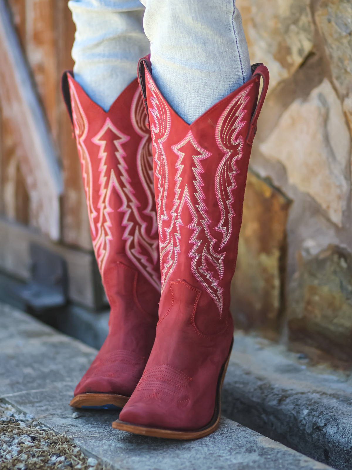 Star And Feather Embroidery Snip-Toe Wide Calf Tall Knee High Cowgirl Boots - Red