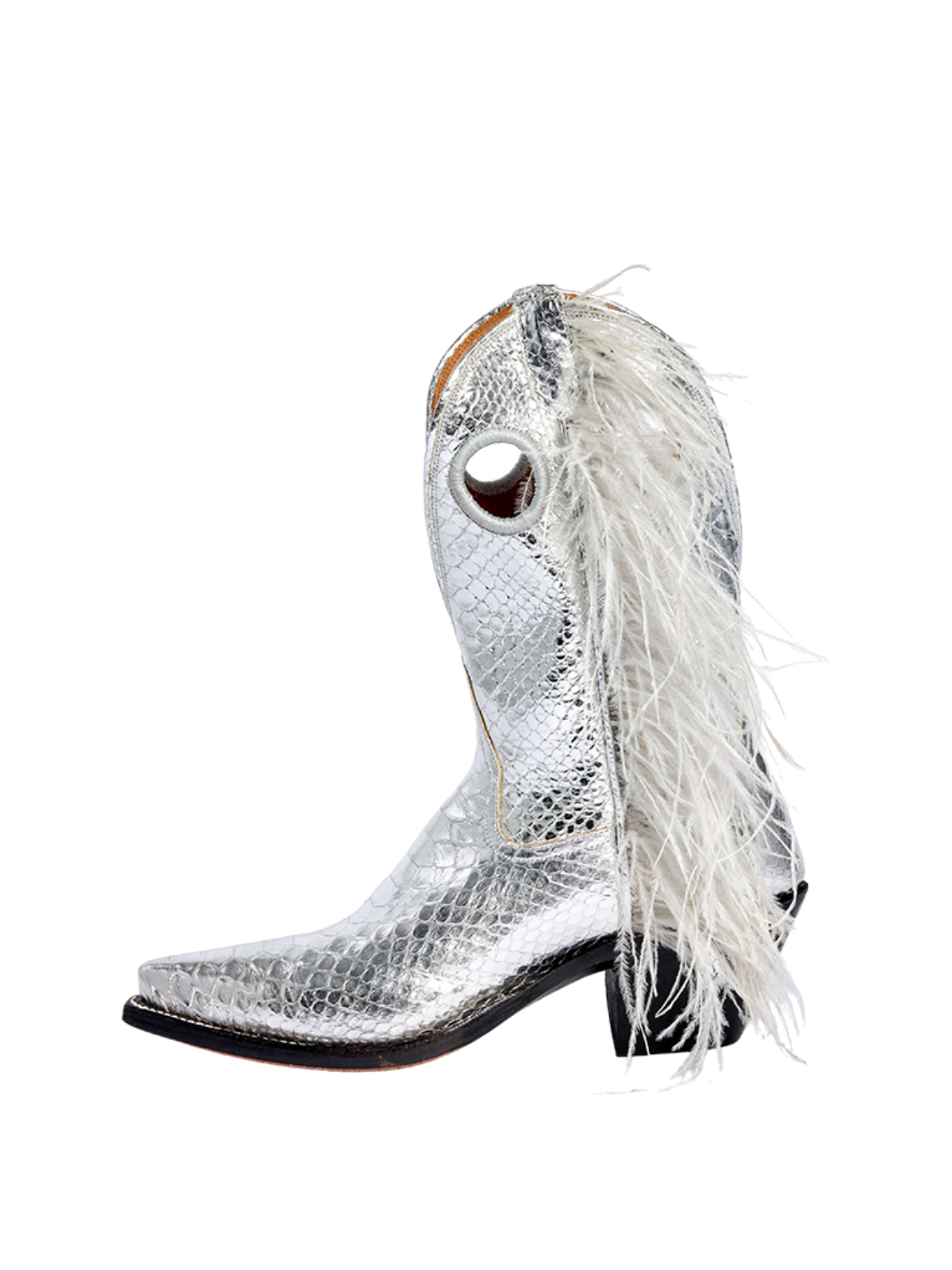 Metallic Silver Snakeskin Snip-Toe Ostrich Feather Cutout Wide Mid Calf Cowgirl Boots