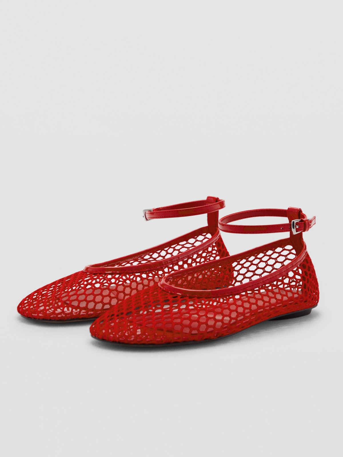 Red Fishnet Mesh Ballet Flats With Buckled Ankle Bracelet