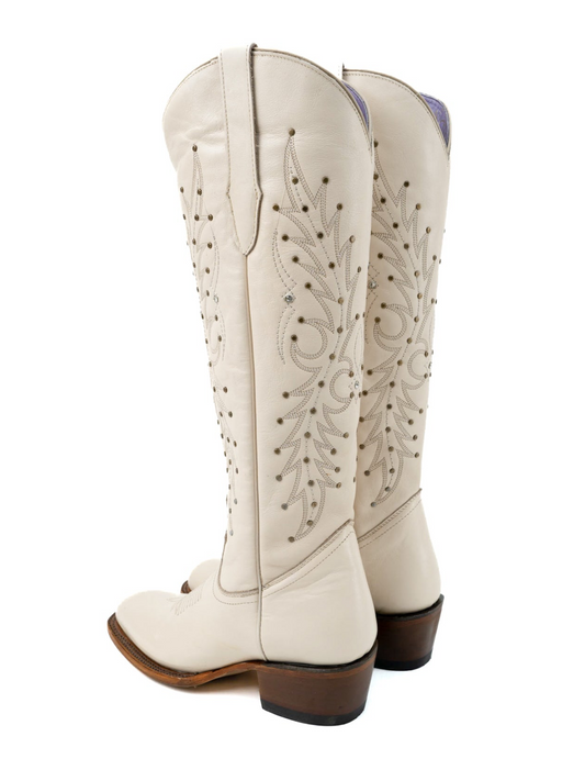 Studded Rhinestone Square-Toe Embroidery Half-Zip Tall Knee High Cowgirl Boots - Ivory