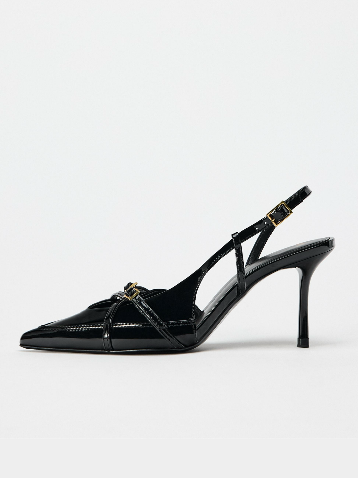 Black Patent Pointed-Toe Double Buckle Front Strap Slingback Pump High Heels