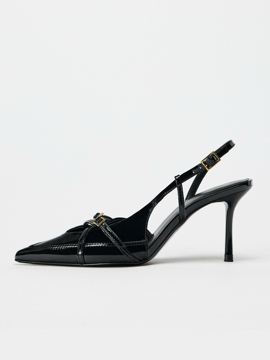 Black Patent Pointed-Toe Double Buckle Front Strap Slingback Pump High Heels