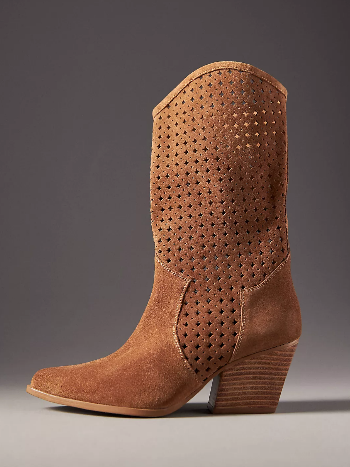 Brown Faux Suede Almond-Toe Hollow-Out Wide Mid Calf Cowgirl Boots