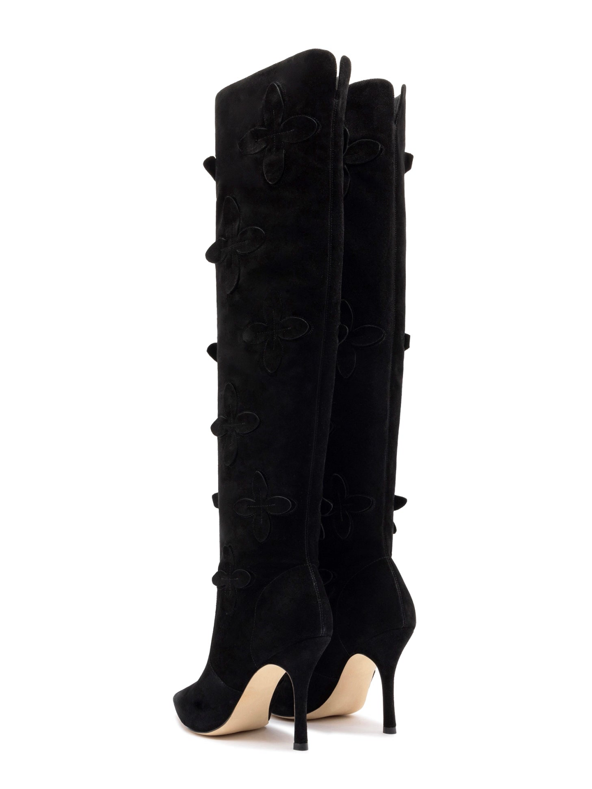 Black Faux Suede Pointed-Toe Floral Applique Wide Calf Over-The-Knee Tall Stiletto Boots