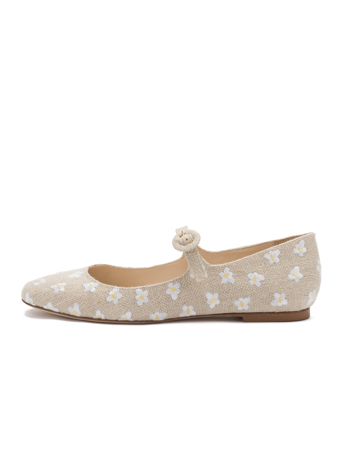 Beige Floral Embroidery Canvas Round-Toe Bridge Starp Ballet Flats