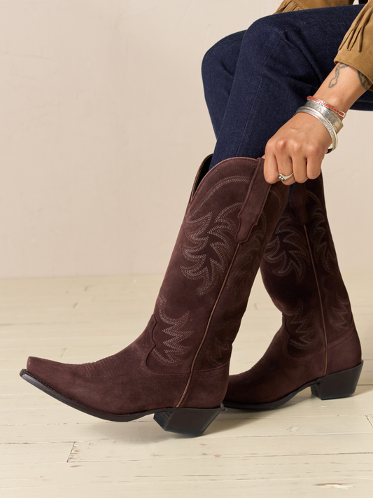 Coffee Faux Suede Snip-Toe Embroidery Wide Mid Calf Western Boots