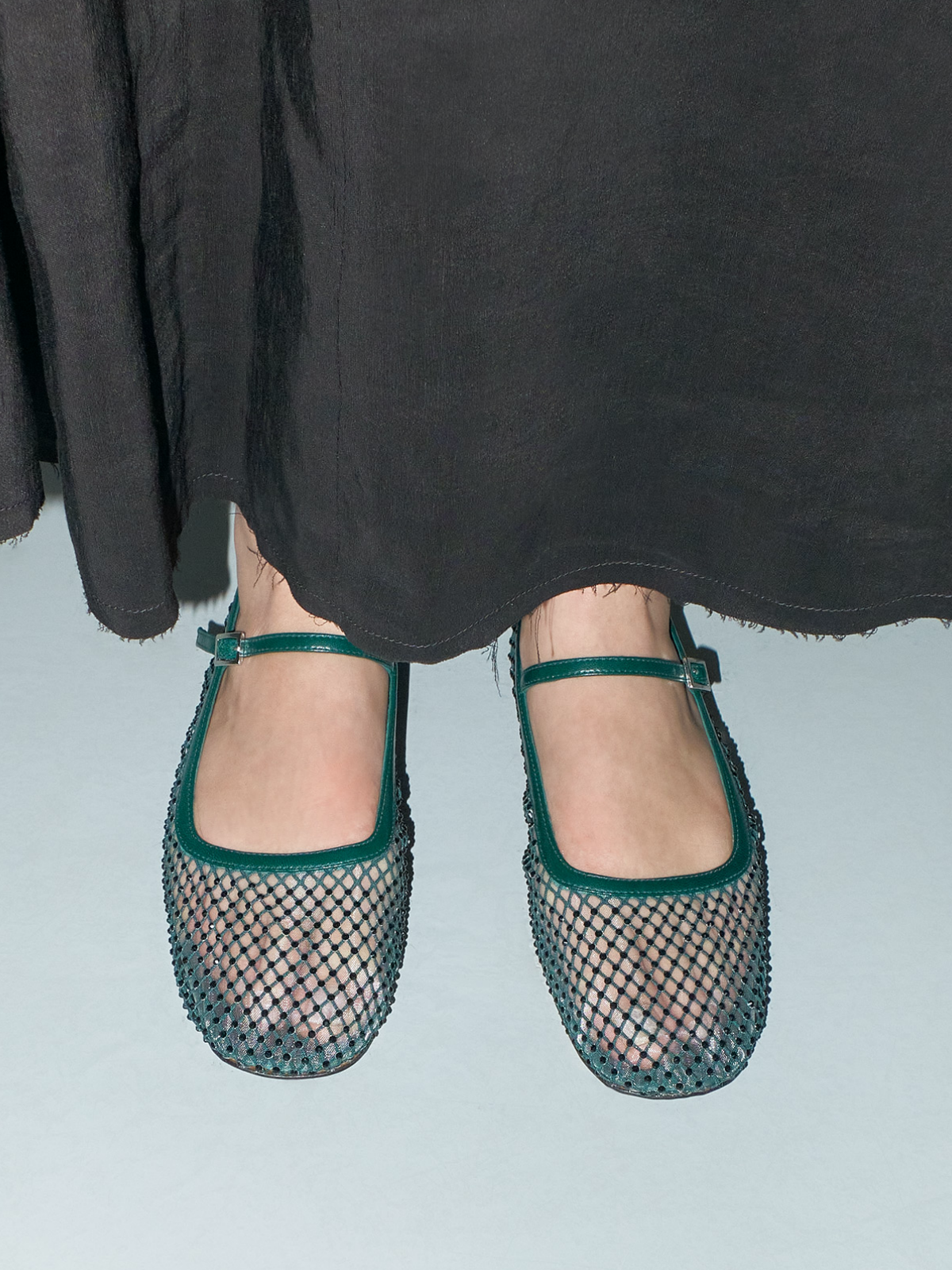 Green Sparkle Rhinestone Ballerinas Semi-Transparent Mesh Strass Flats Mary Janes