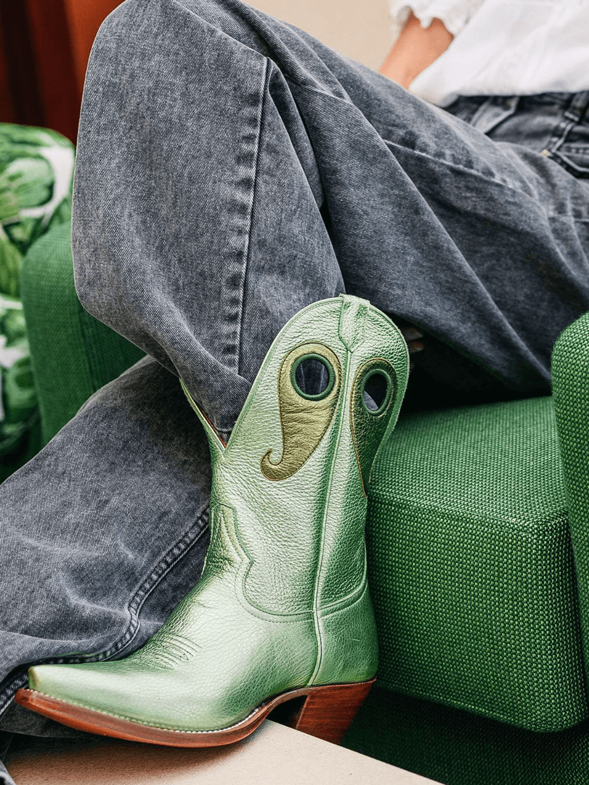 Metallic Green Crinkle Cutout Snip-Toe Wide Mid Calf Cowgirl Boots With Olive Green Paisley