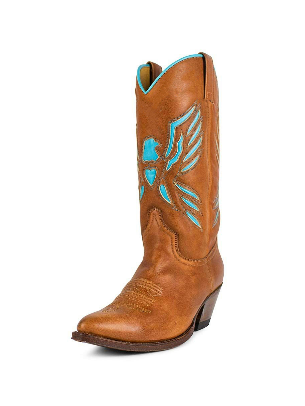 Brown Pointed-Toe Wide Mid Calf Cowgirl Boots With Turquoise Heart Thunderbird Inlay