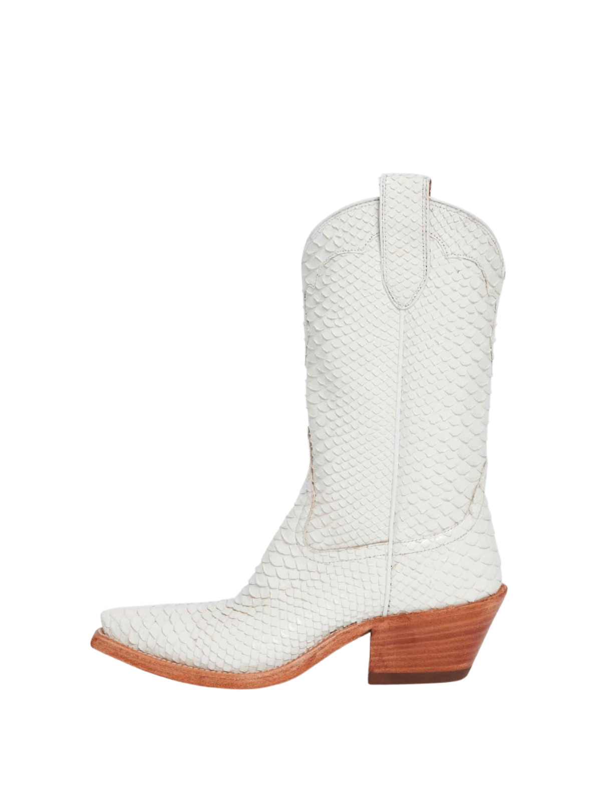 Snip-Toe Wide Mid Calf Cowgirl Boots - Ivory Snakeskin Vegan Leather