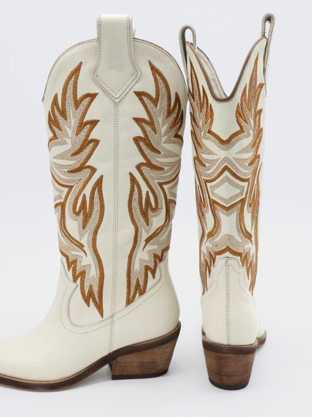 Ivory Vegan Leather Snip-Toe Embroidery Wide Mid Calf Tall Cowgirl Boots