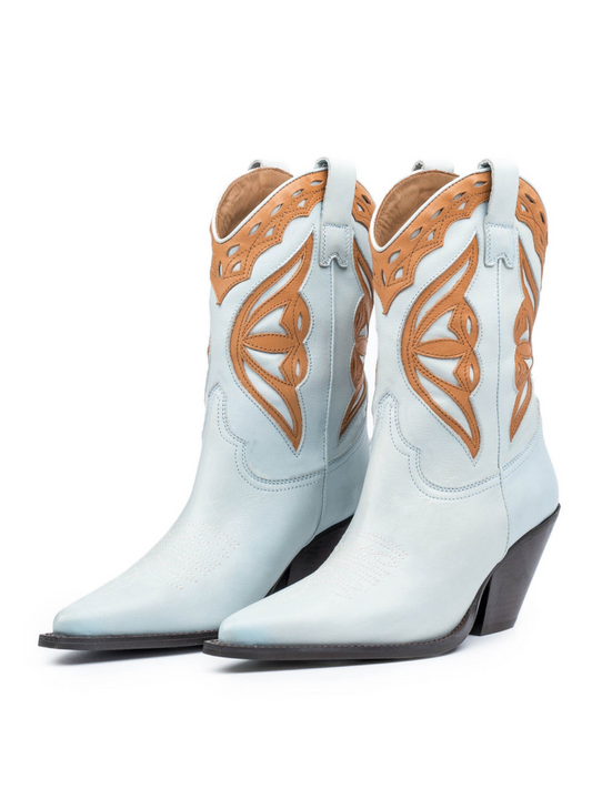 Light Blue Pointed-Toe Brown Inlay Applique Wide Mid Calf Cowgirl Boots