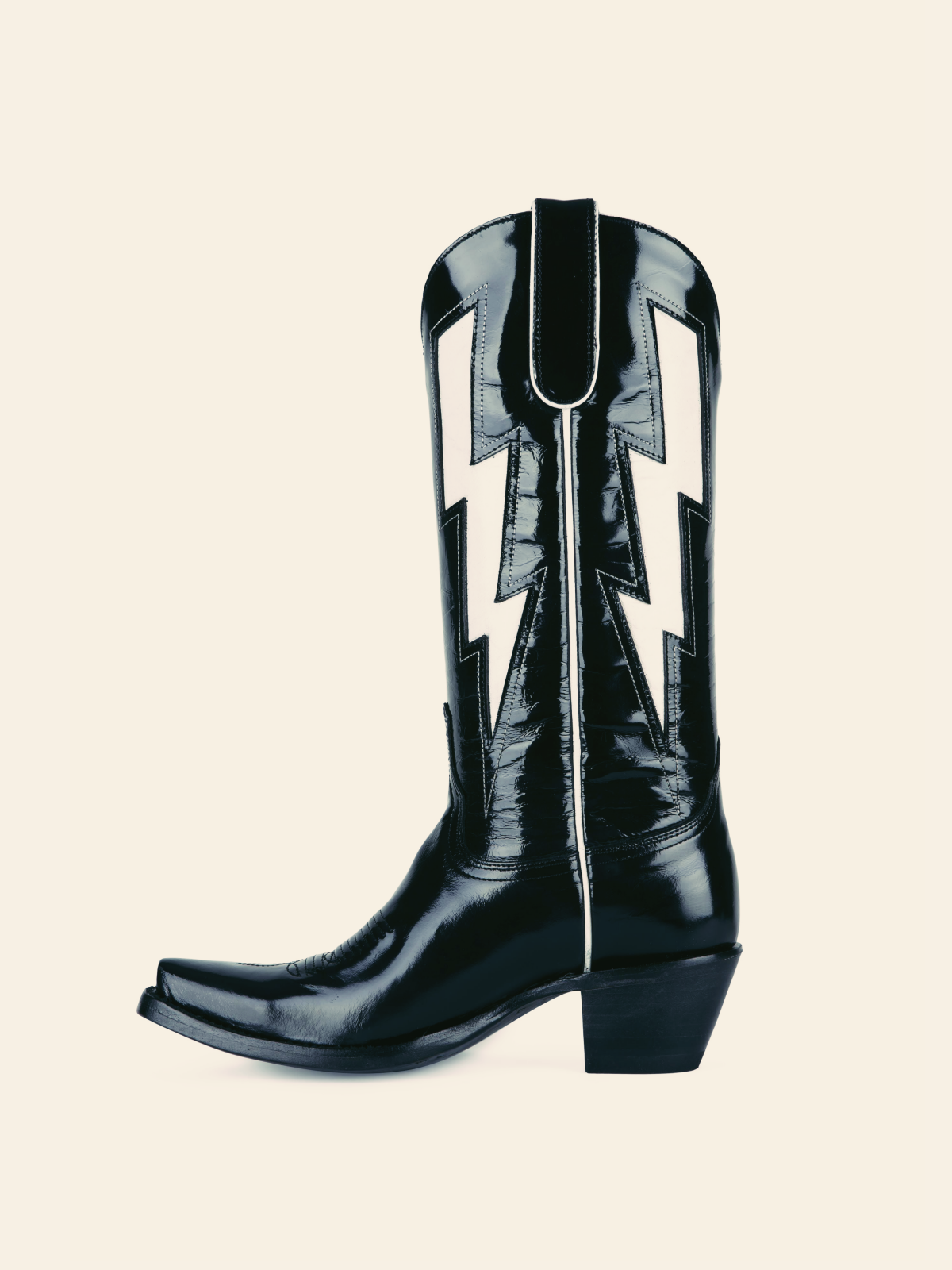 Patent Black Stitch Snip-Toe Wide Calf Tall Cowgirl Boots With White Lightning Inlay