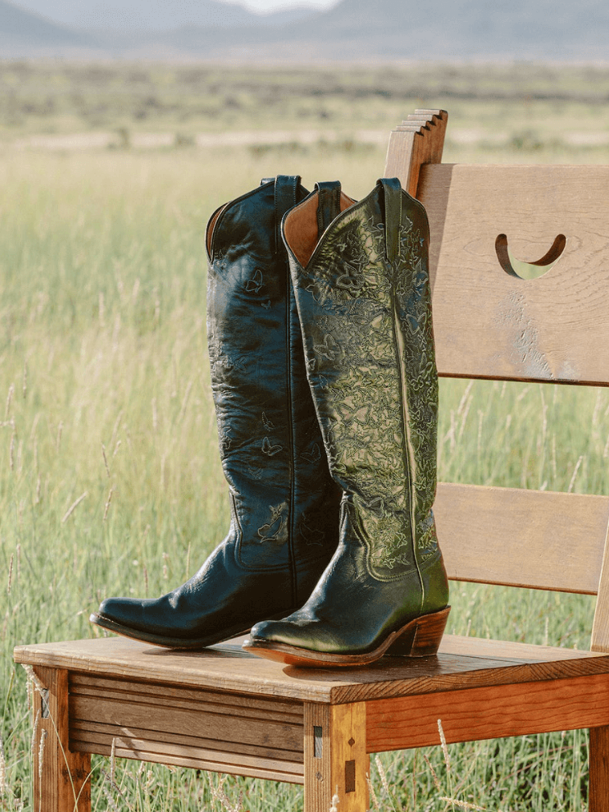 Dark Green Round-Toe Butterfly Embroidery Wide Calf Knee High Tall Cowgirl Boots