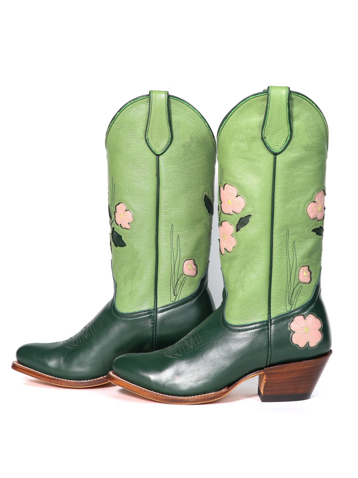 Contrast Green And Brown Almond-Toe Fresh Flower Inlay Wide Mid Calf Cowgirl Boots