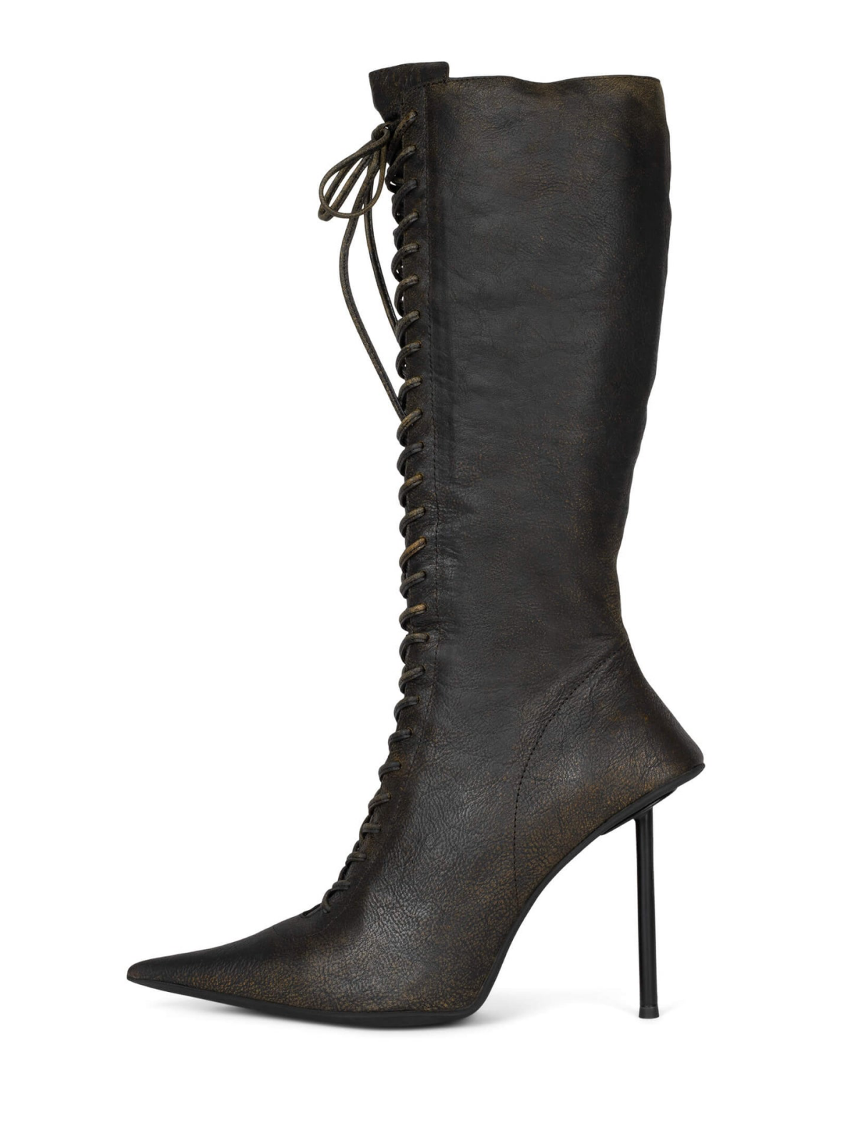 Distressed Brown Lace-Up Pointed-Toe Full-Zip Tall Mid Calf Stiletto Boots