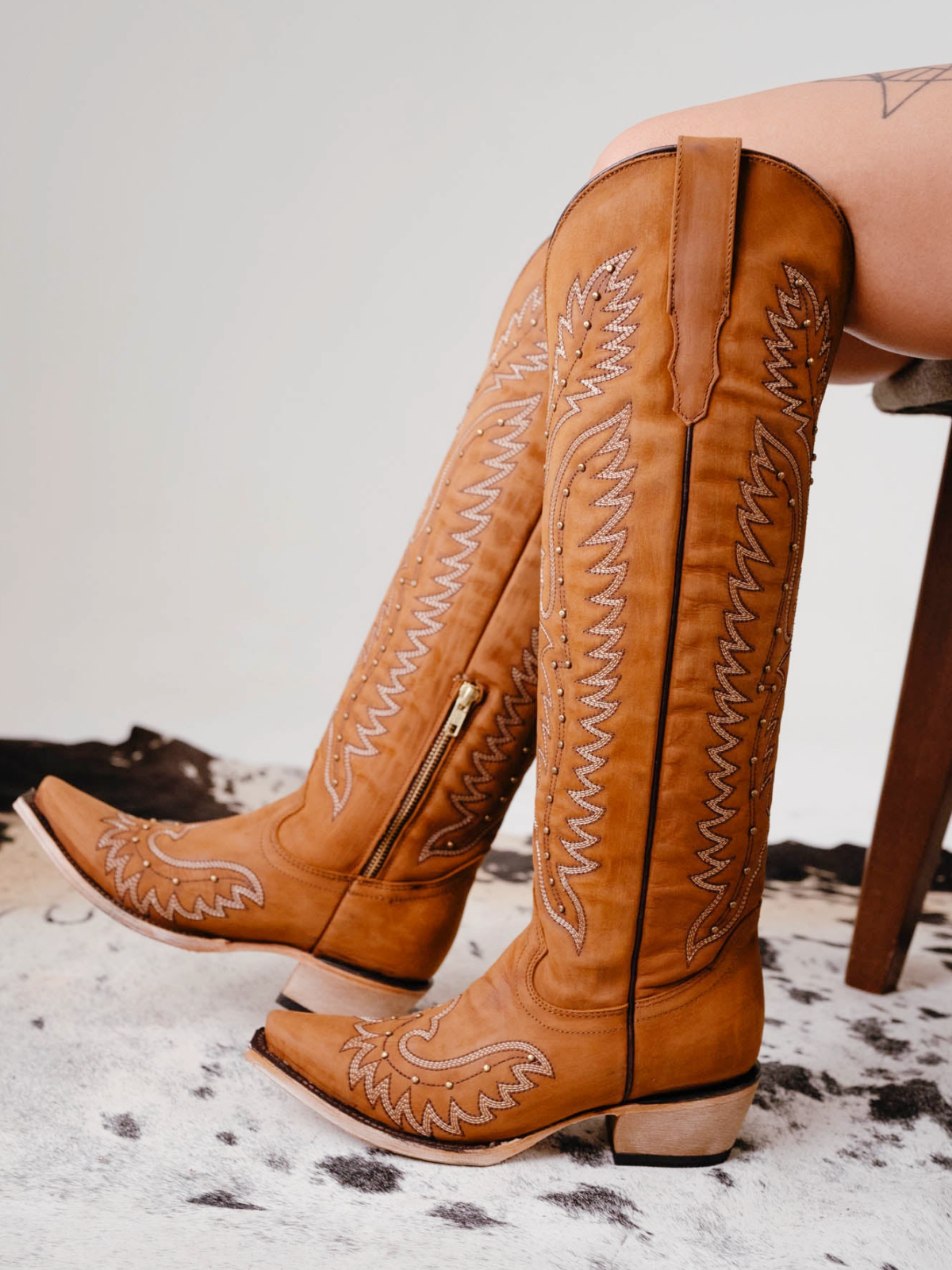 Caramel Snip-Toe Studded Embroidery Half-Zip Tall Knee High Cowgirl Boots