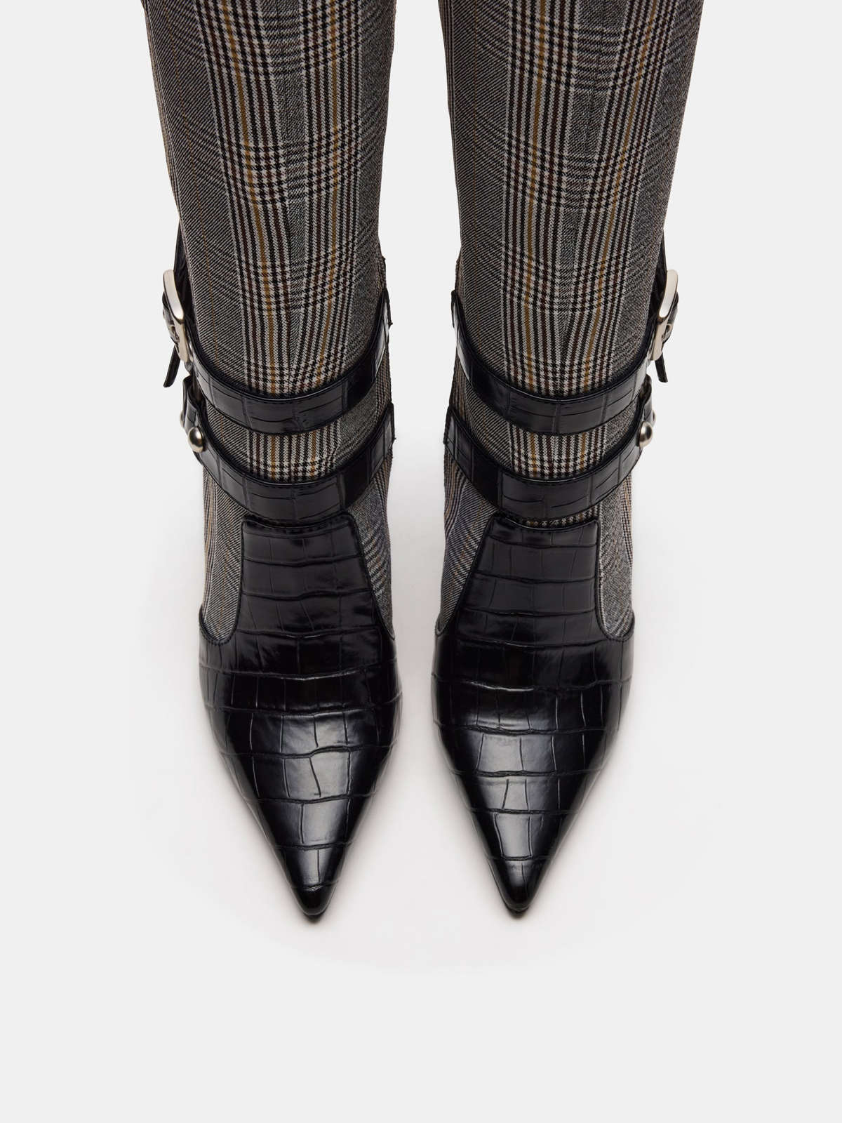 Contrast Black Crocodile-Embossed And Plaid Fabric Pointed-Toe Full-Zip Mid Calf Stiletto Boots With Buckle