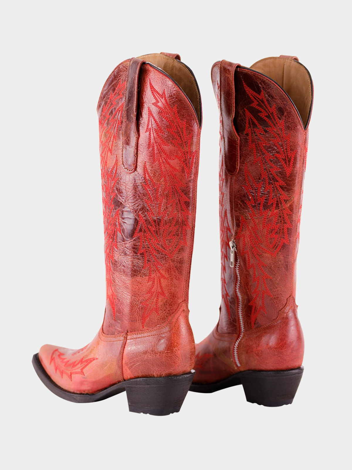 Distressed Snip-Toe Leaf Embroidery Half-Zip Mid Calf Tall Cowgirl Boots - Red