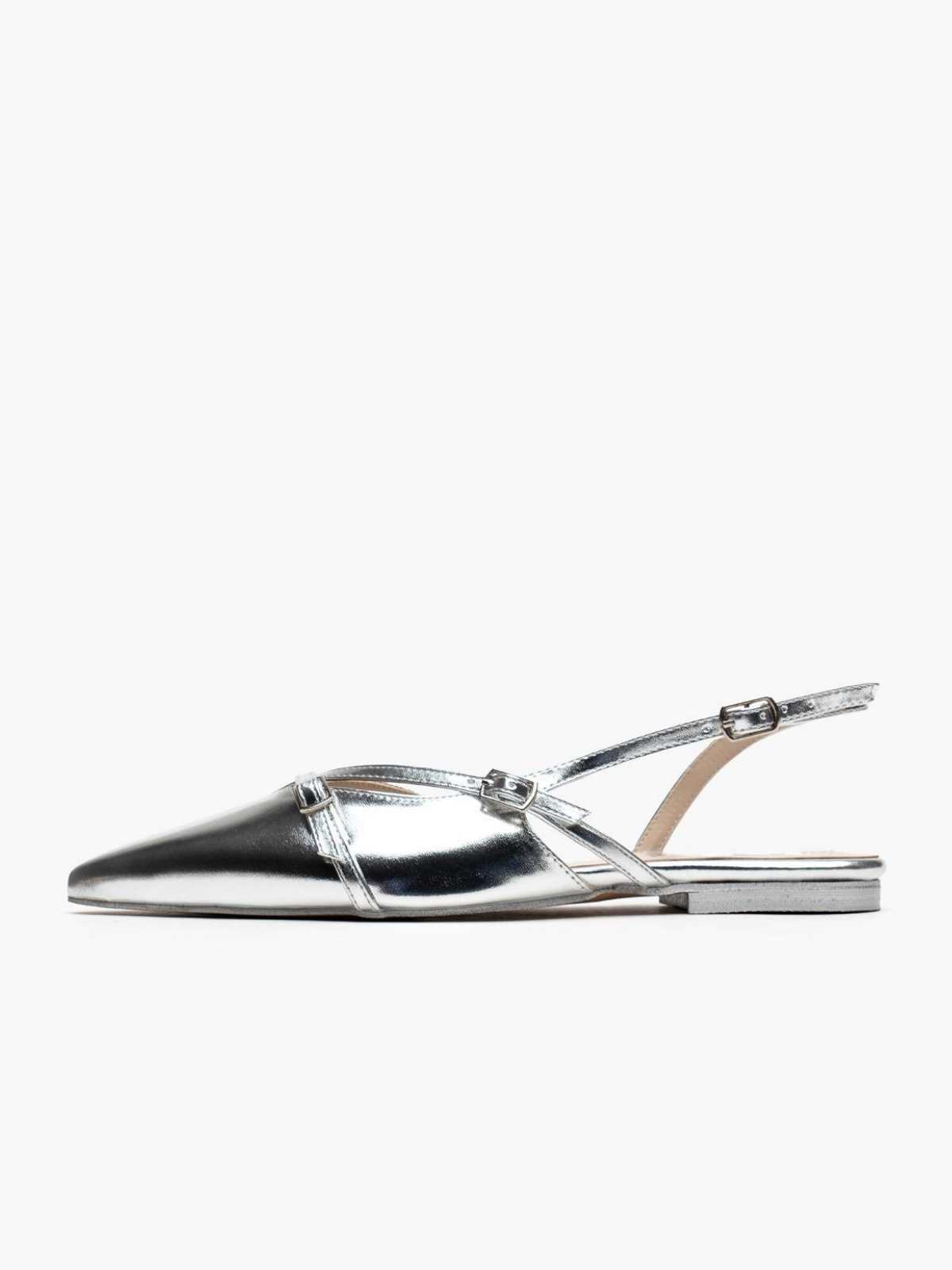 Metallic Silver Buckled Belt Detail Pointy Ballet Flats Slingbacks