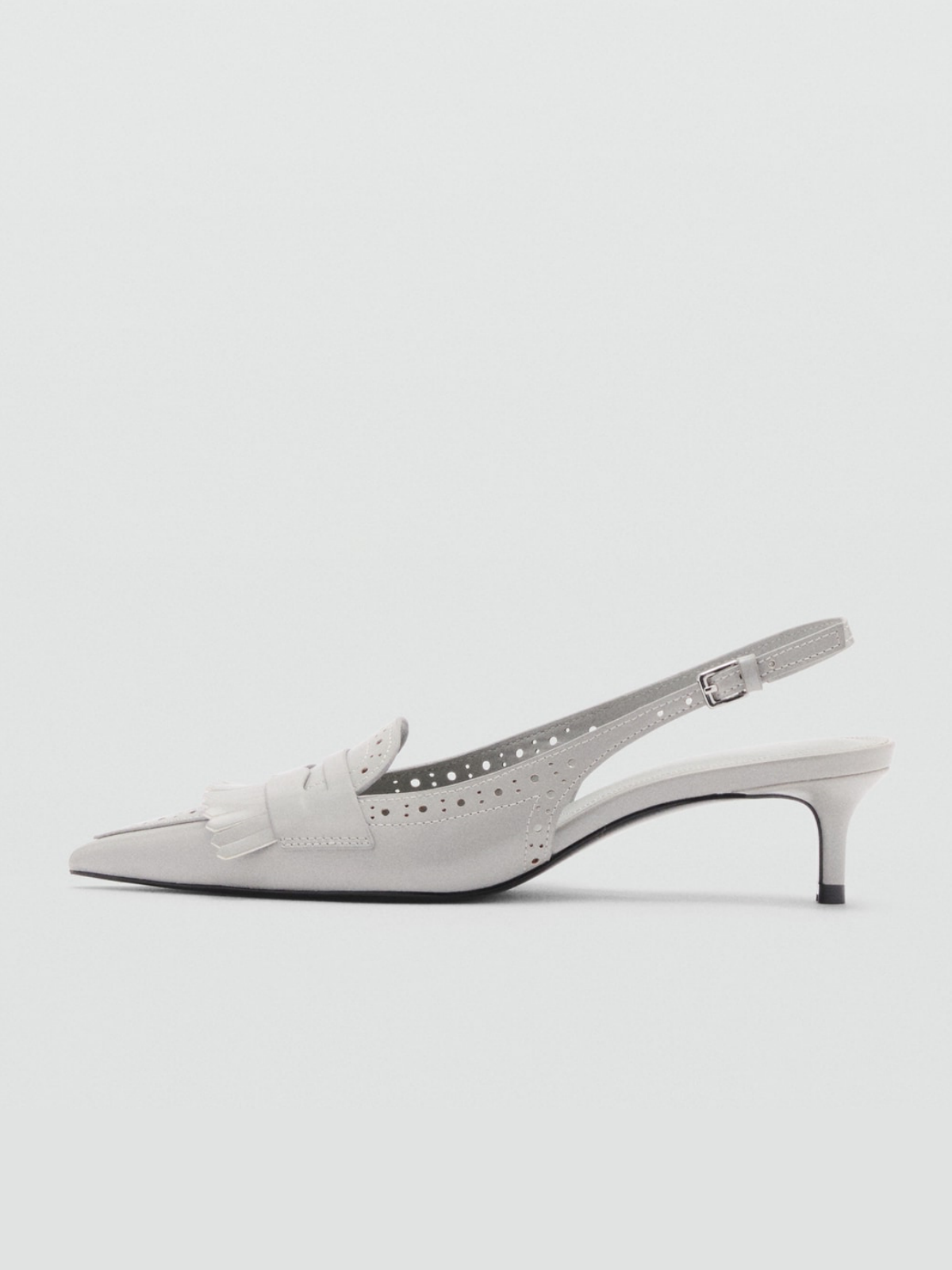 Gray Pointed-Toe Fringe Detail Cutout Slingback Kitten Heels