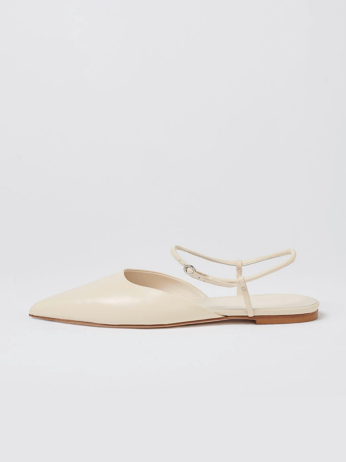 Cream Pointed-Toe Vegan Leather Flats With Ankle Strap