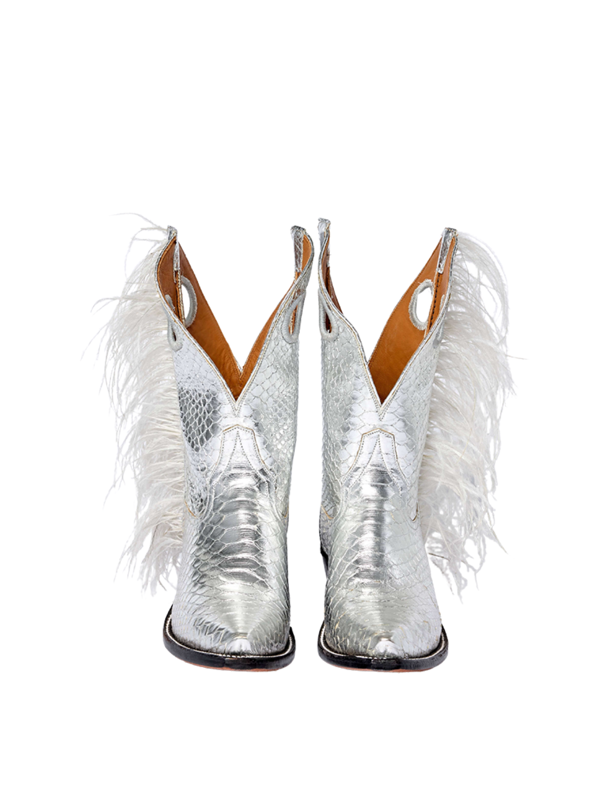 Metallic Silver Snakeskin Snip-Toe Ostrich Feather Cutout Wide Mid Calf Cowgirl Boots