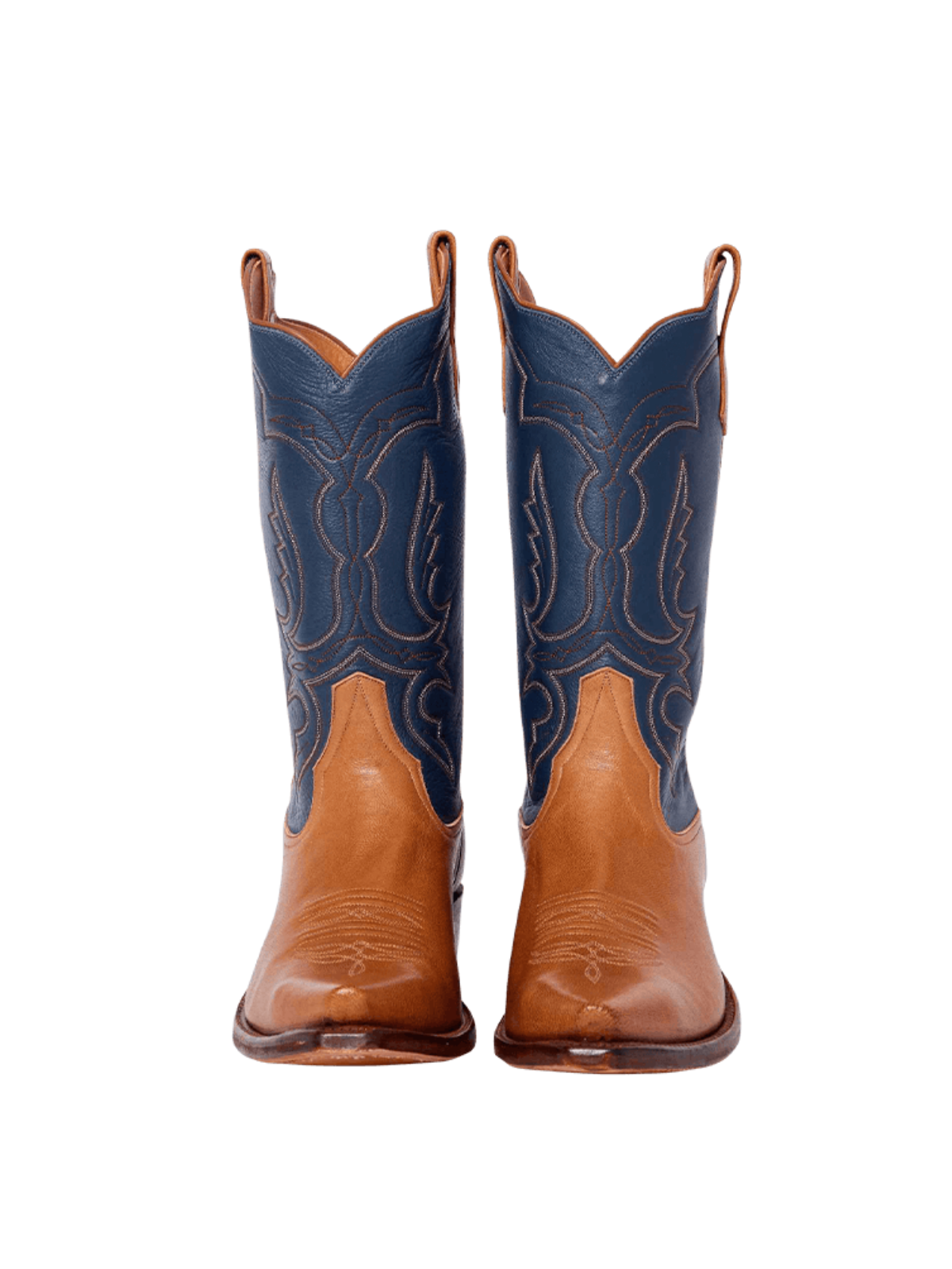 Contrast Navy Blue And Brown Snip-Toe Western Embroidery Wide Mid Calf Cowgirl Boots