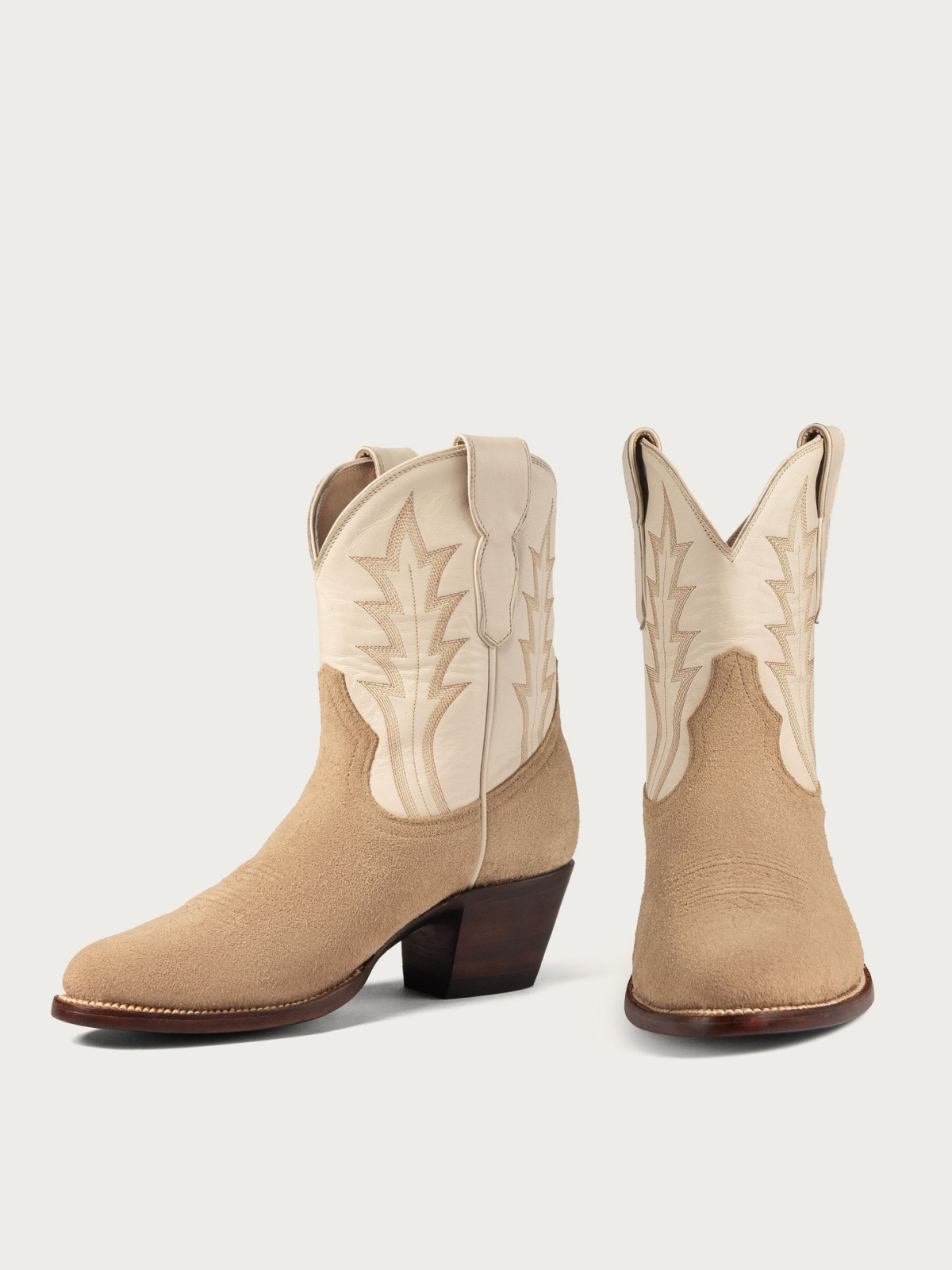 Contrast Tan Faux Suede And Ivory Almond-Toe Embroidery Wide Mid Calf Western Boots