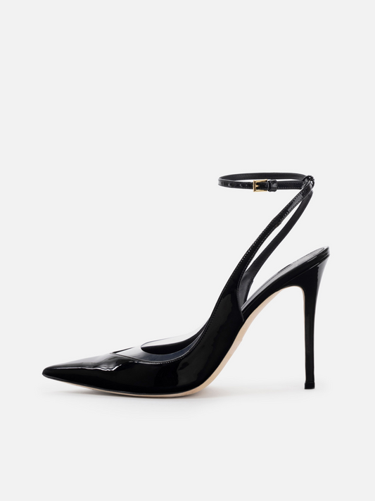 Patent Black And Transparent TPU Film Pointed-Toe Slingback Ankle Strap Pump High Heels