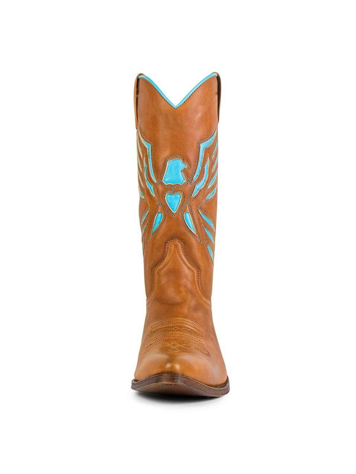 Brown Pointed-Toe Wide Mid Calf Cowgirl Boots With Turquoise Heart Thunderbird Inlay