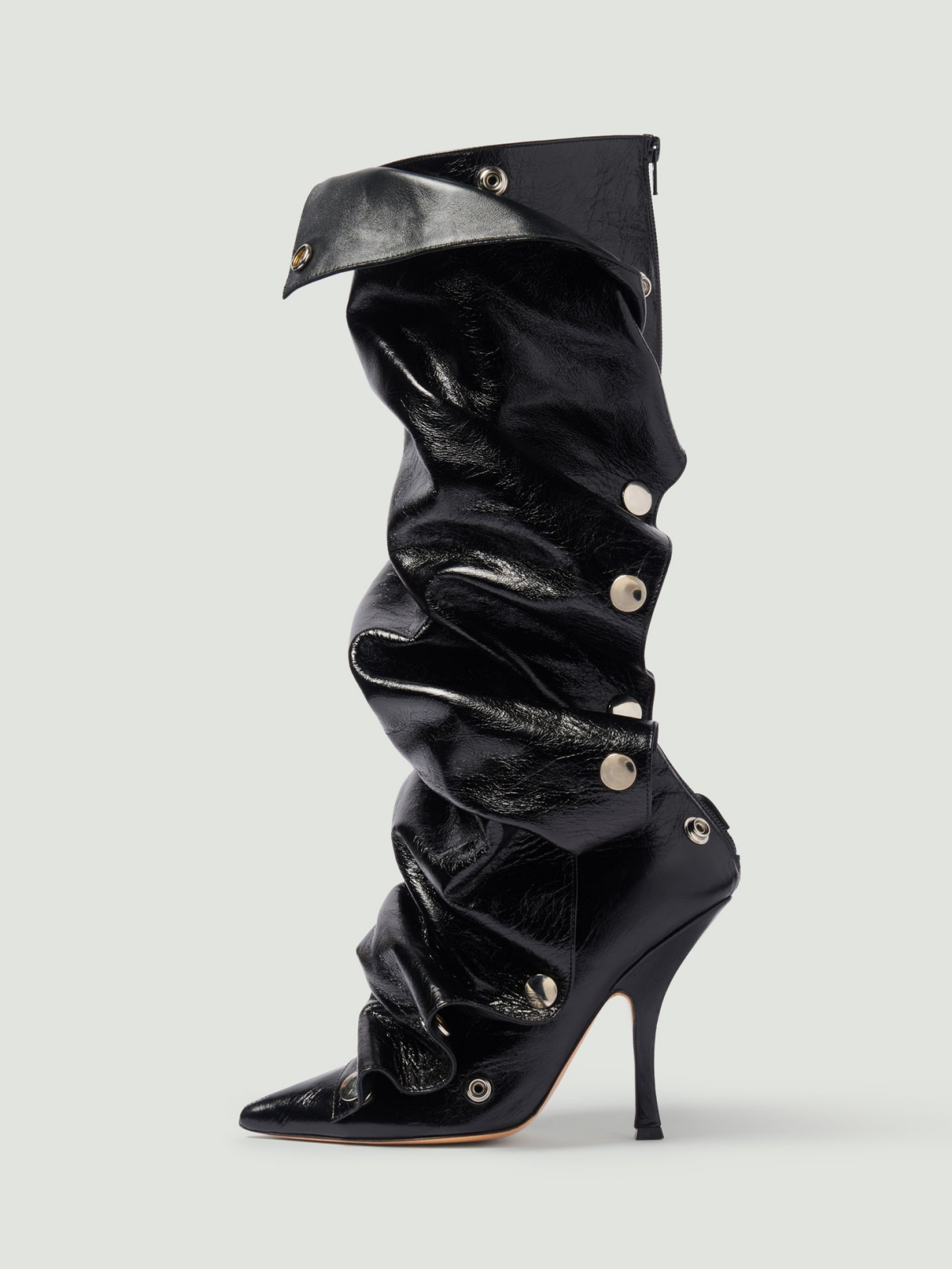 Black Crinkle Pointed-Toe Detachable Snap Panel Full-Zip Mid Calf Stiletto Boots