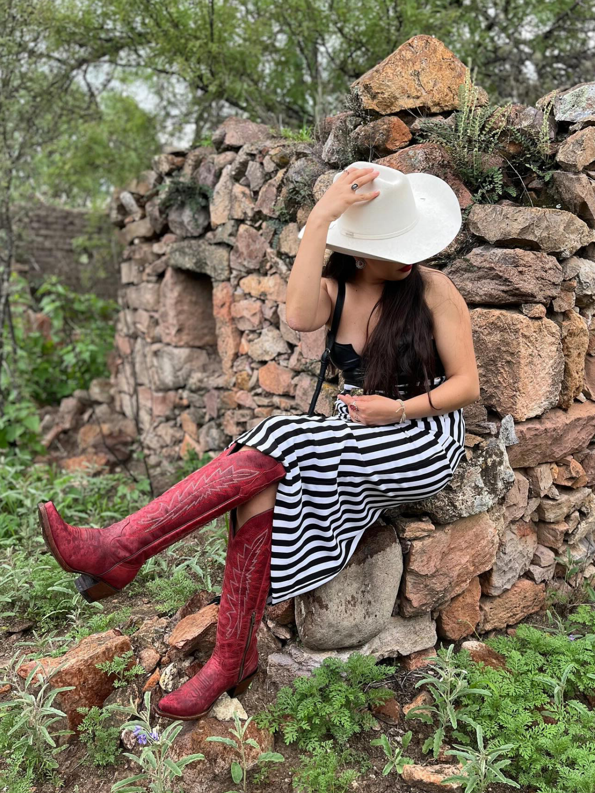 Distressed Brick Red Embroidery Studded Snip-Toe Half-Zip Cowboy Knee High Tall Boots For Women