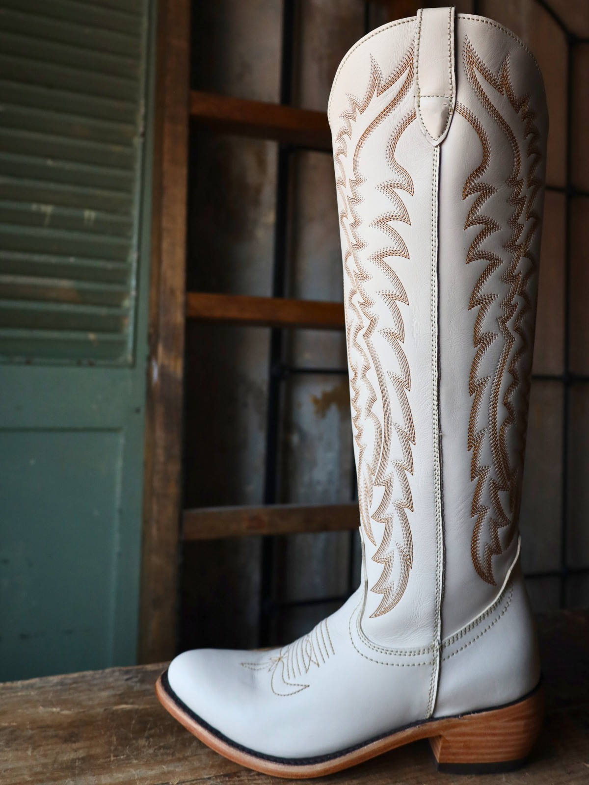 Full-Zip Almond-Toe Classic Embroidery Tall Knee High Cowgirl Boots - Ivory