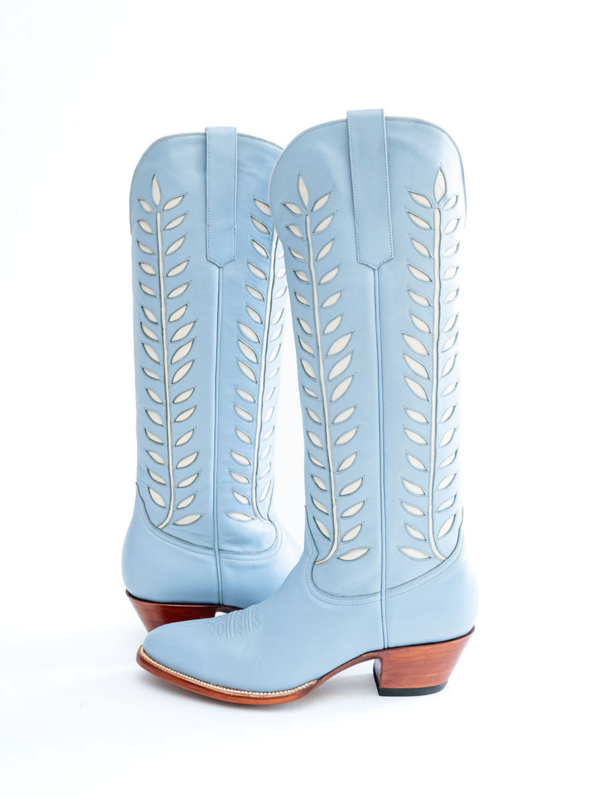 Almond-Toe Ivory Leaves Inlay Wide Calf Tall Knee High Cowgirl Boots - Powder Blue