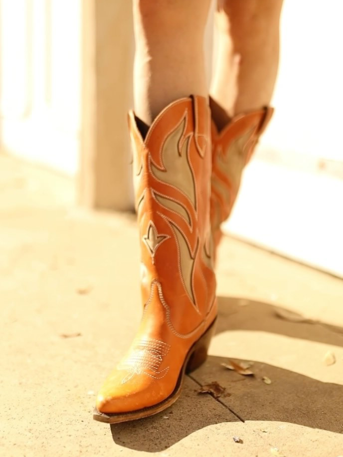 Amber Almond-Toe Shaft Inlay Wide Mid Calf Cowgirl Boots