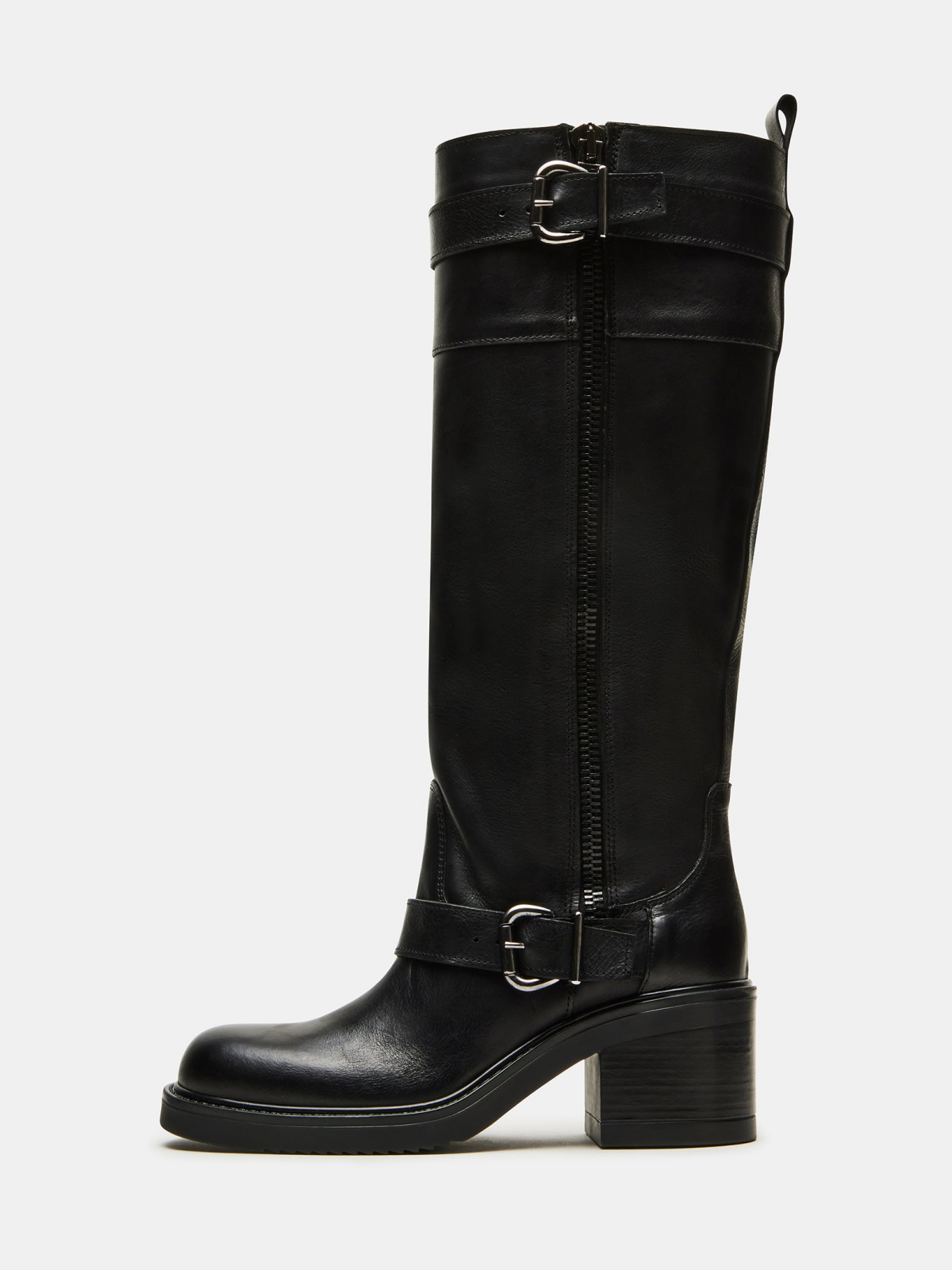 Black Round Square-Toe Mid Calf Full-Zip Cowgirl Boots With Buckles