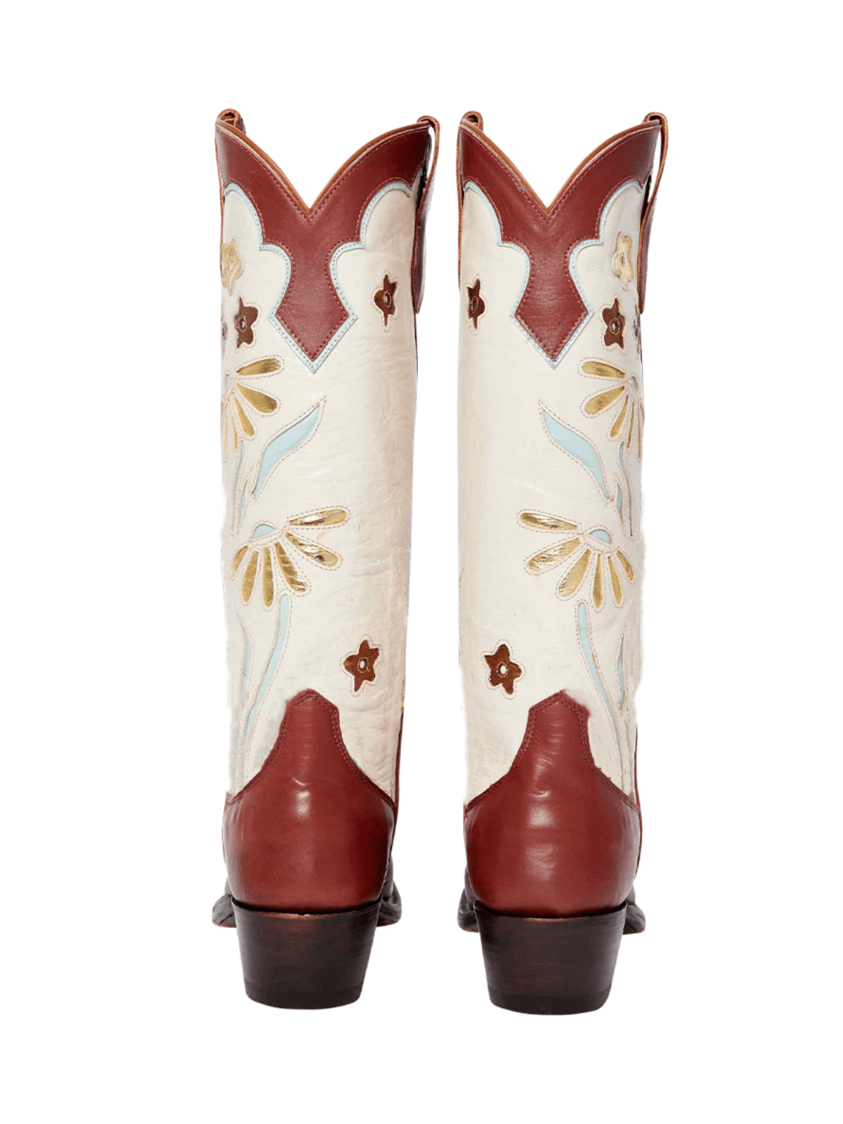 Contrast Caramel And Cream Round-Toe Metallic Flower Inlay Wide Mid Calf Cowgirl Boots