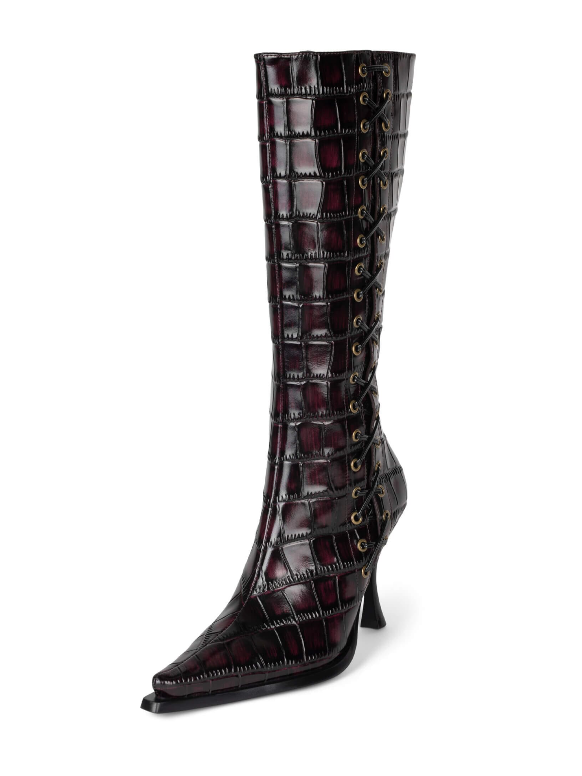 Black Croc-Embossed Vegan Leather Pointed-Toe Lace-Up Full-Zip Mid Calf Stiletto Boots