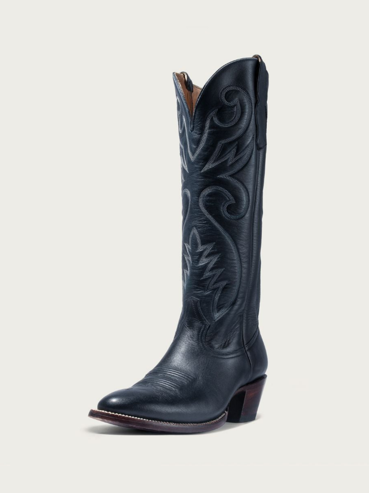 Navy Blue Embroidery Almond-Toe Wide Mid Calf Tall Cowgirl Boots