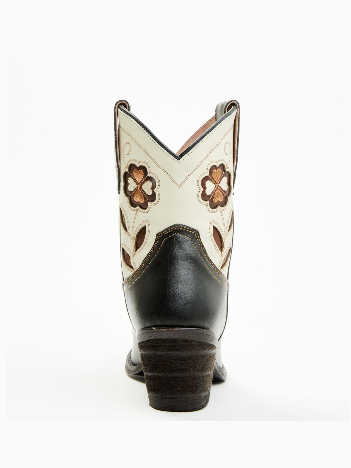 Contrast Black And Cream Almond-Toe Flowers Inlay Wide Mid Calf Cowgirl Boots