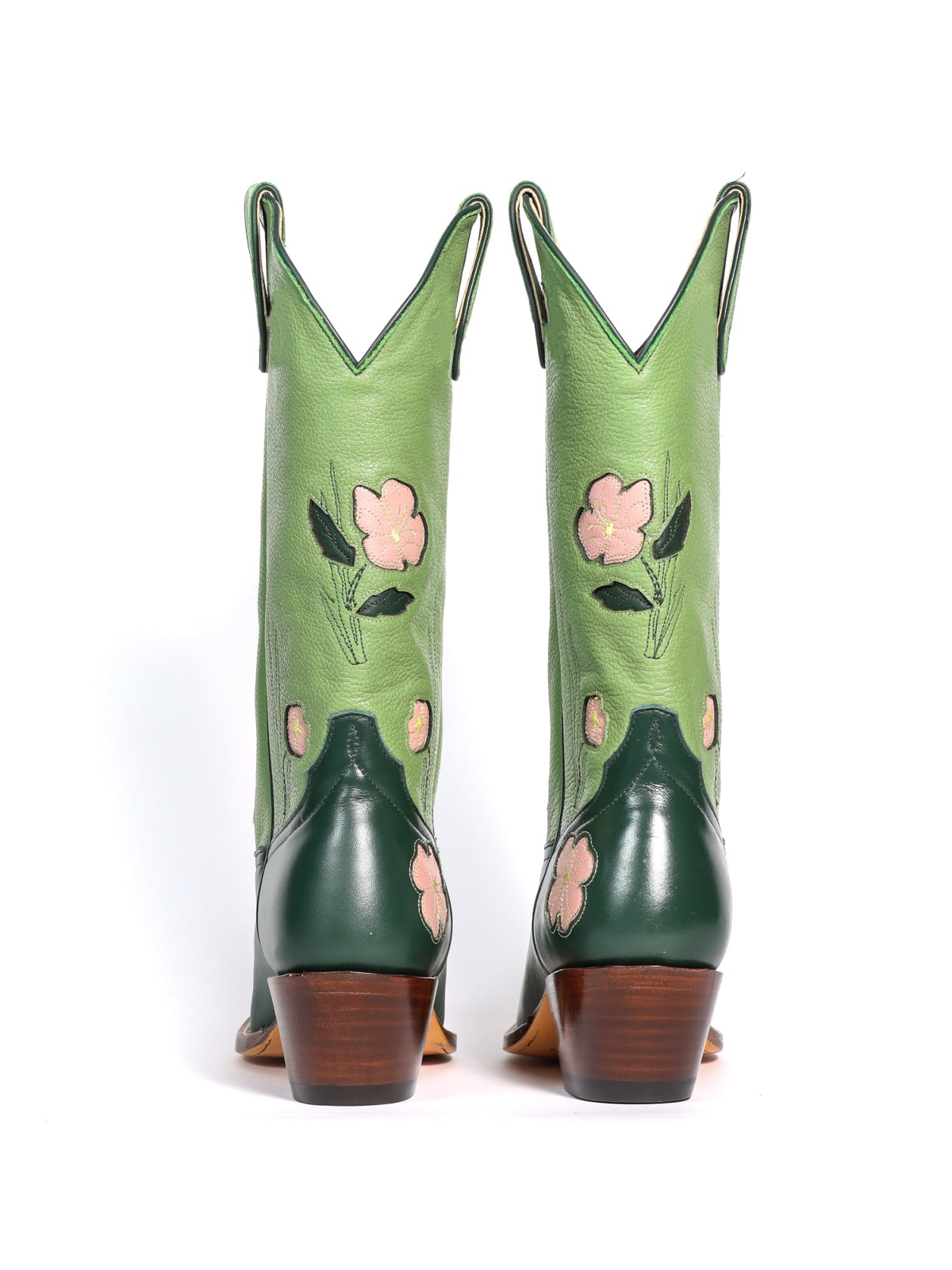 Contrast Green And Brown Almond-Toe Fresh Flower Inlay Wide Mid Calf Cowgirl Boots