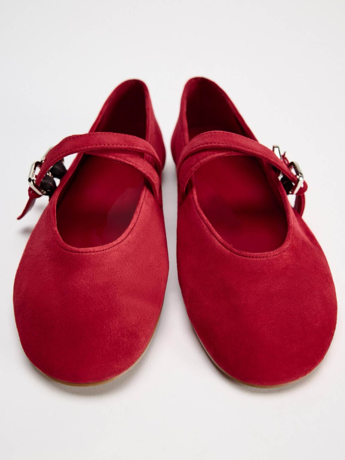 Red Faux Suede Round-Toe Ballet Flats Mary Janes With Double Strap