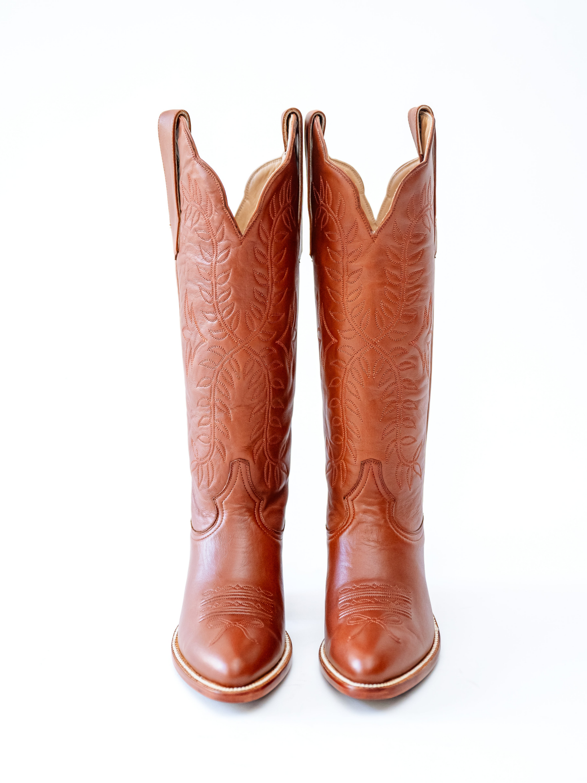 Leaves Embroidery Almond-Toe Wide Mid Calf Cowgirl Boots - Brandy