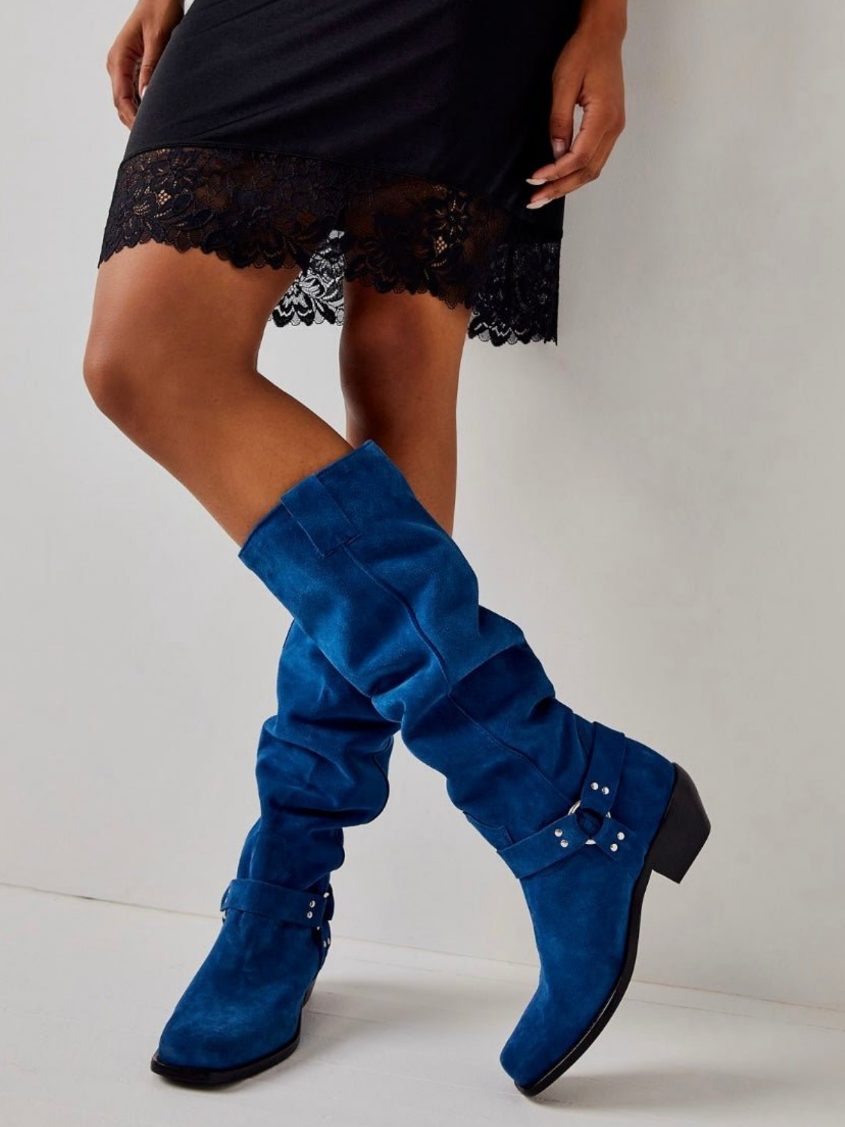 Faux Suede Square-Toe Wide Calf Tall Knee High Cowgirl Boots With Buckle - Blue