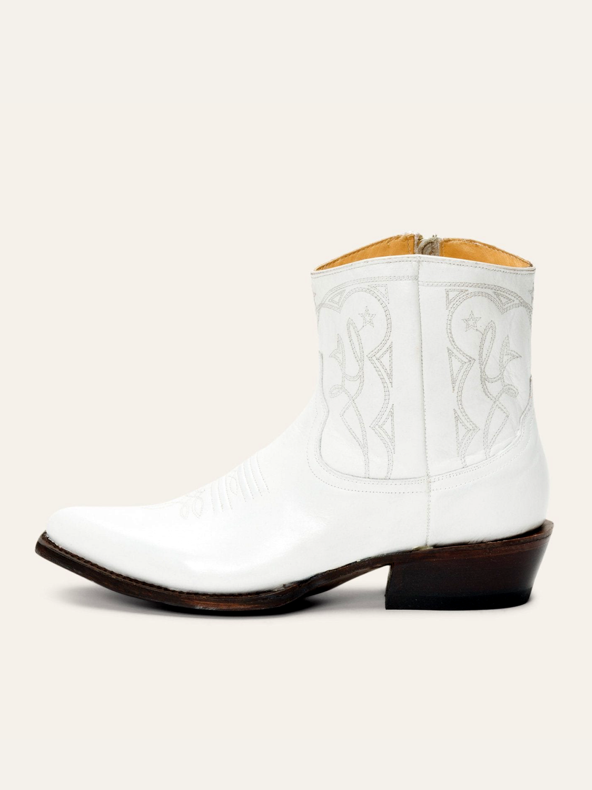 White Snip-Toe Embroidery Full-Zip Cowgirl Ankle Booties